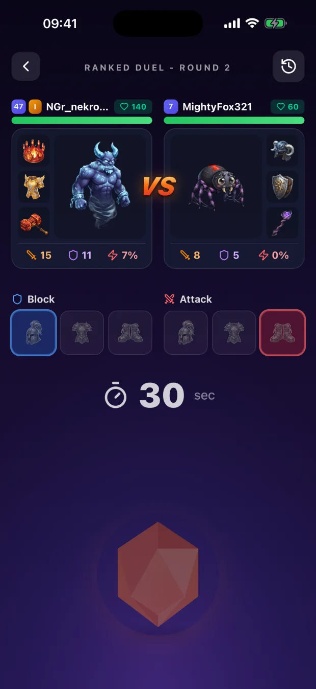 A ranked PvP duel: choosing where to attack and where to block