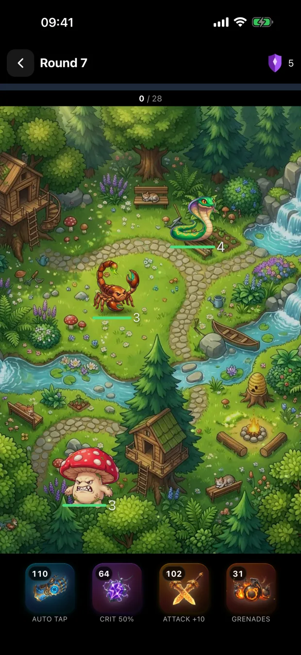 A Forest round in Turbo Tap Masters: tapping a scorpion, a snake and a mushroom monster